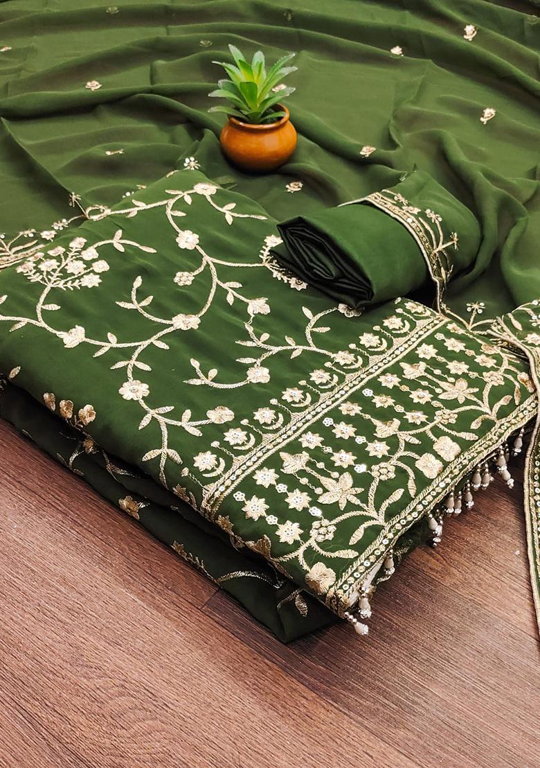 Olive Green Solid Georgette Dress Material