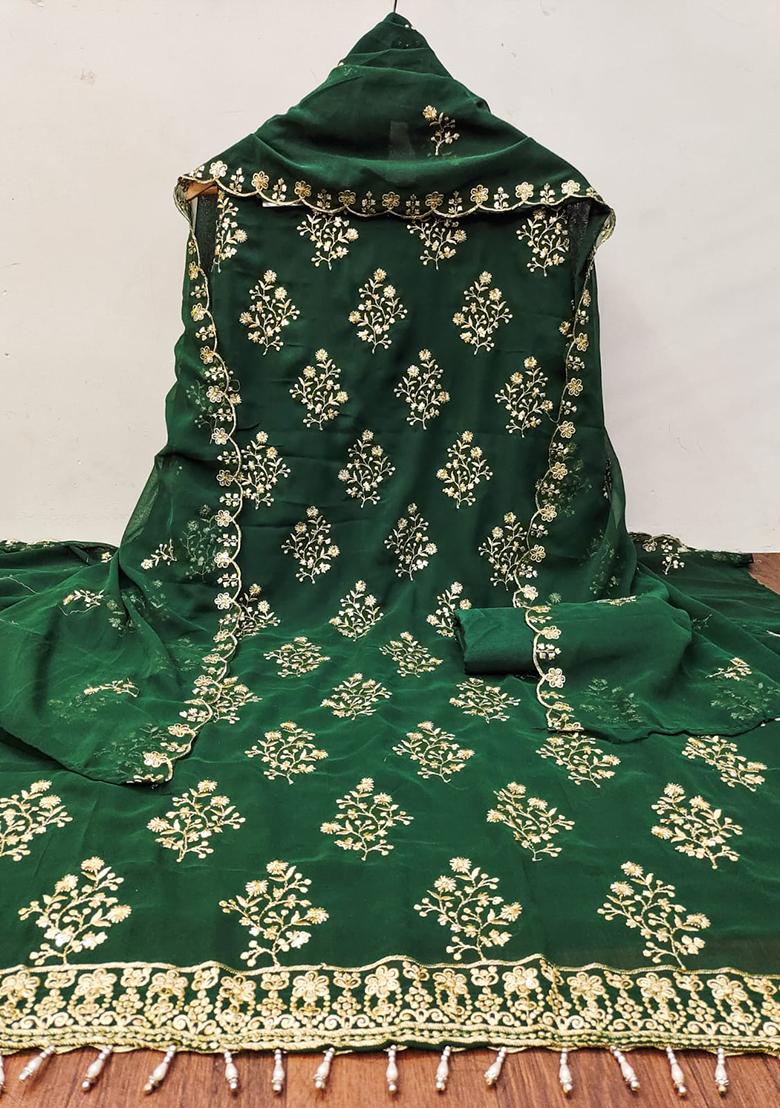 Green Solid Georgette Dress Material