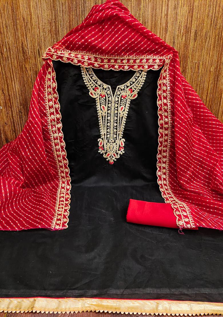 Black Solid Chanderi Dress Material