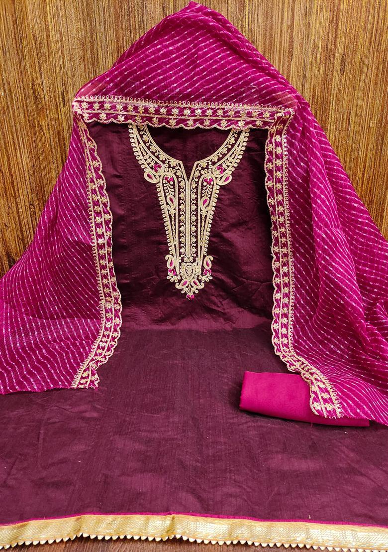 Purple Solid Chanderi Dress Material