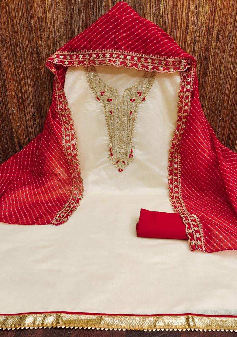 White Solid Chanderi Dress Material