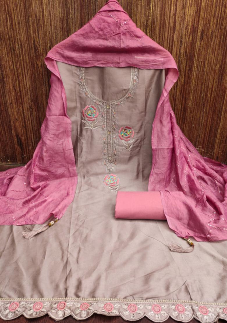 Cream Solid Georgette Dress Material