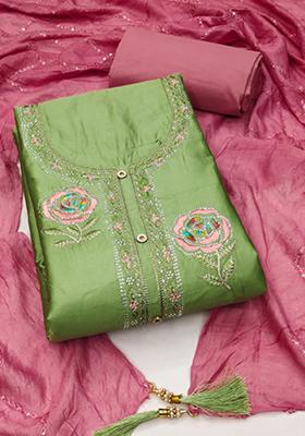 Olive Green Solid Georgette Dress Material