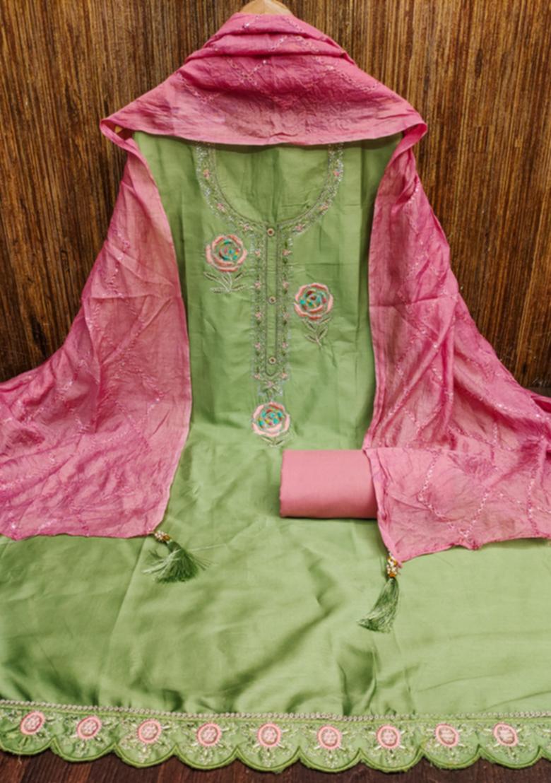 Olive Green Solid Georgette Dress Material