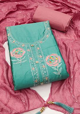 Teal Blue Solid Georgette Dress Material