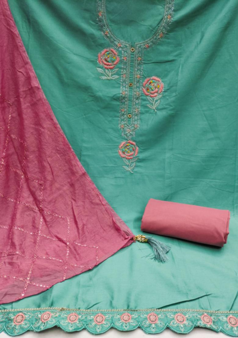 Teal Blue Solid Georgette Dress Material