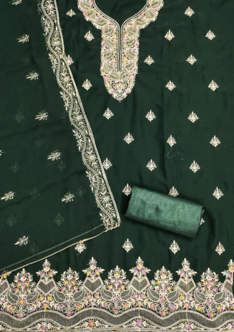 Green Solid Georgette Dress Material