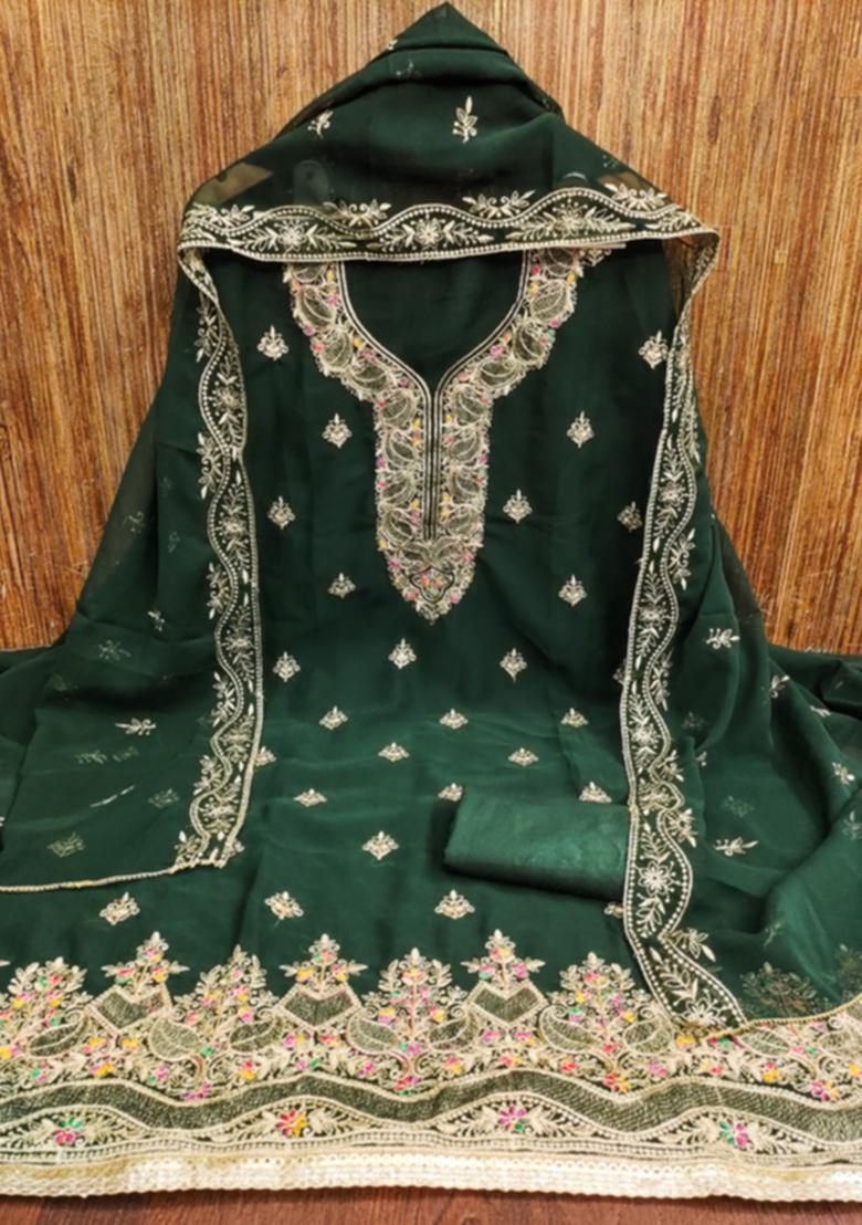 Green Solid Georgette Dress Material