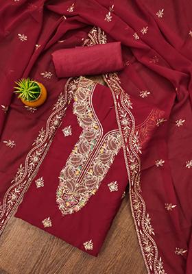 Red Solid Georgette Dress Material