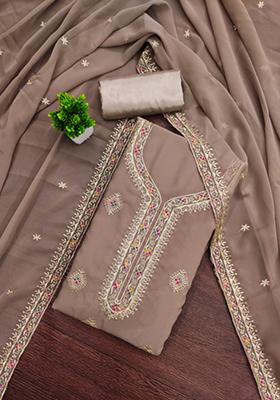 Cream Solid Georgette Dress Material