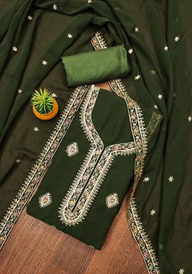 Olive Green Solid Georgette Dress Material