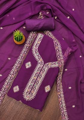 Purple Solid Georgette Dress Material