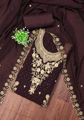 Brown Solid Georgette Dress Material