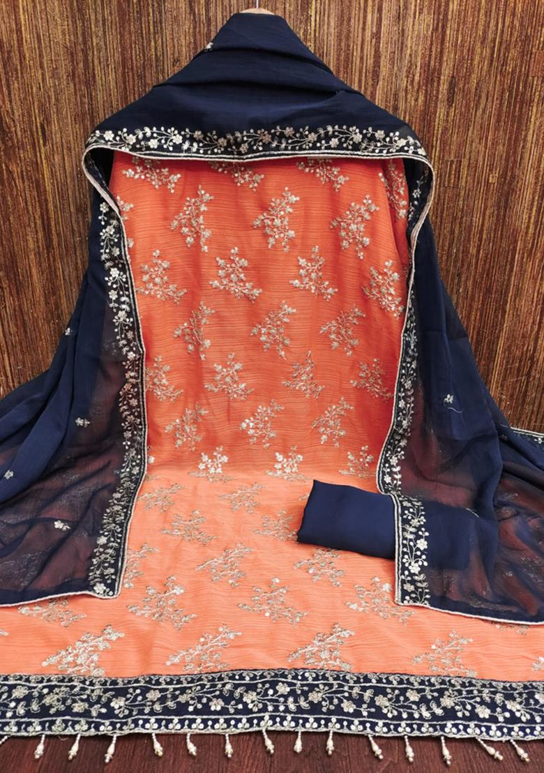 Orange Solid Silk Dress Material