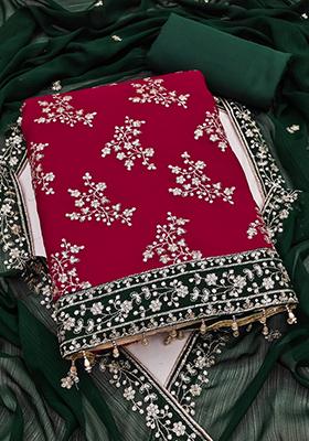 Red Solid Silk Dress Material