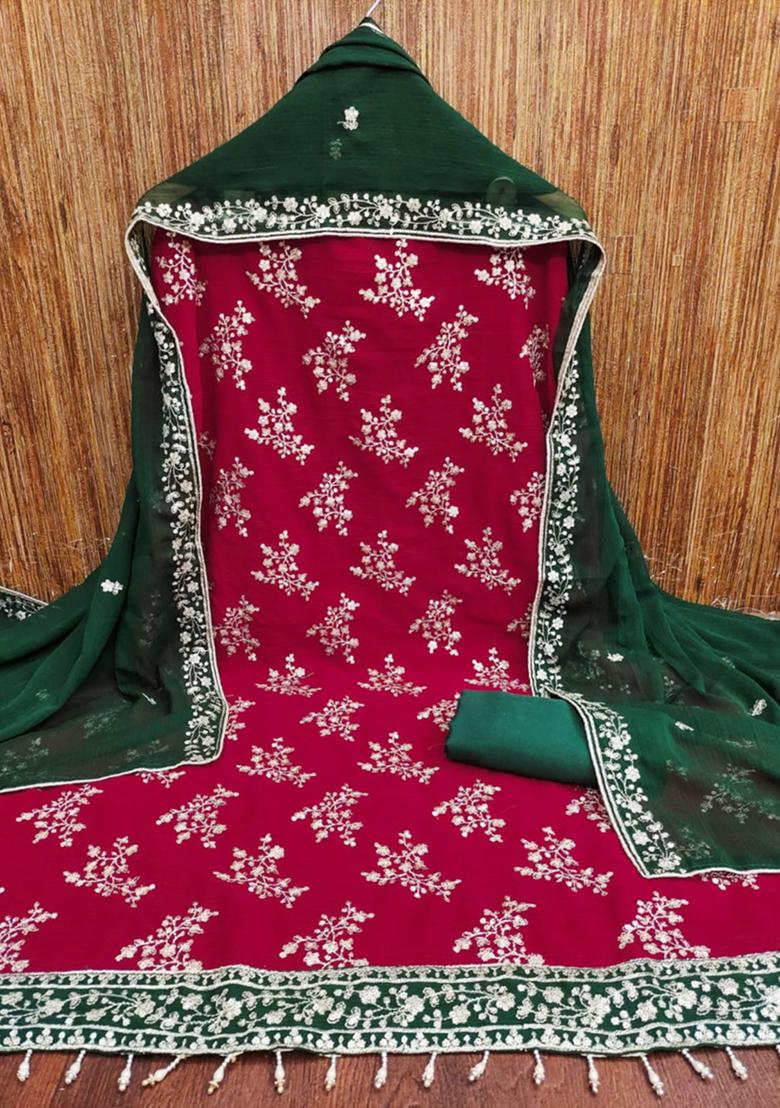 Red Solid Silk Dress Material