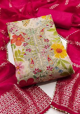 Cream Solid Silk Dress Material