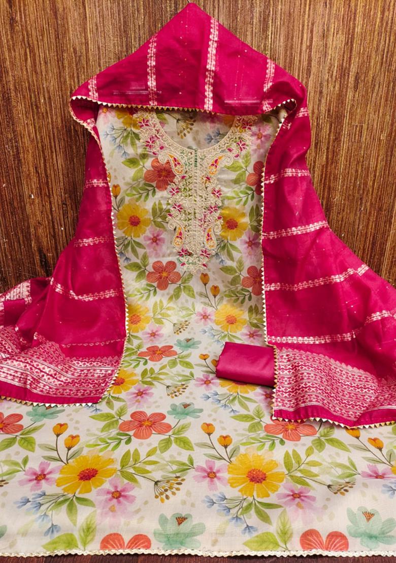 Cream Solid Silk Dress Material