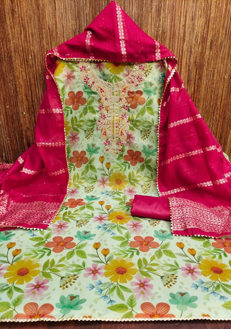 Green Solid Silk Dress Material