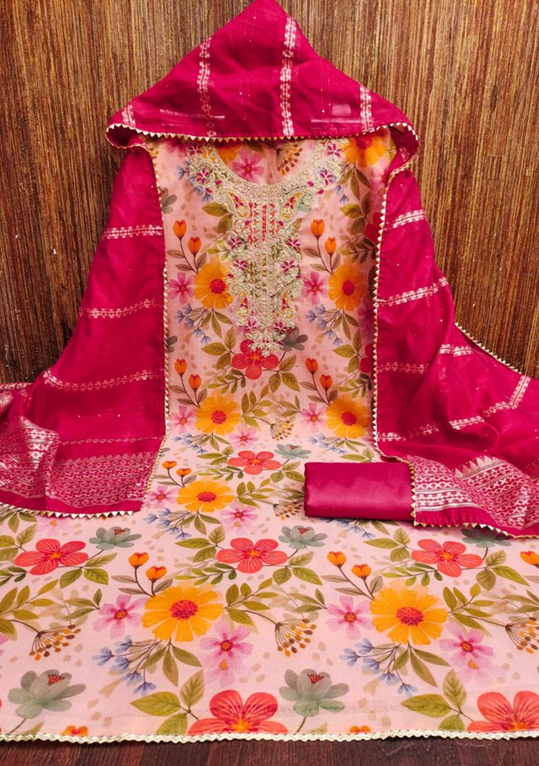 Pink Solid Silk Dress Material