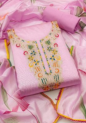 Pink Solid Jacquard Dress Material