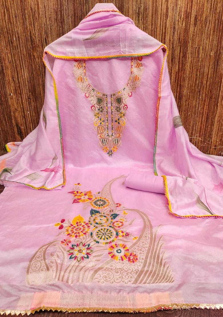 Pink Solid Jacquard Dress Material