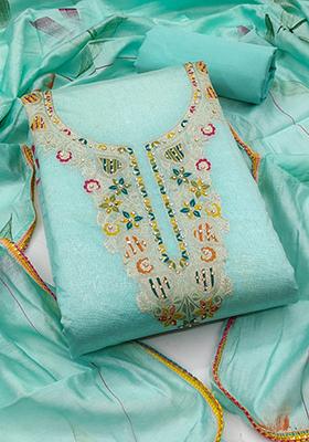 Teal Blue Solid Jacquard Dress Material