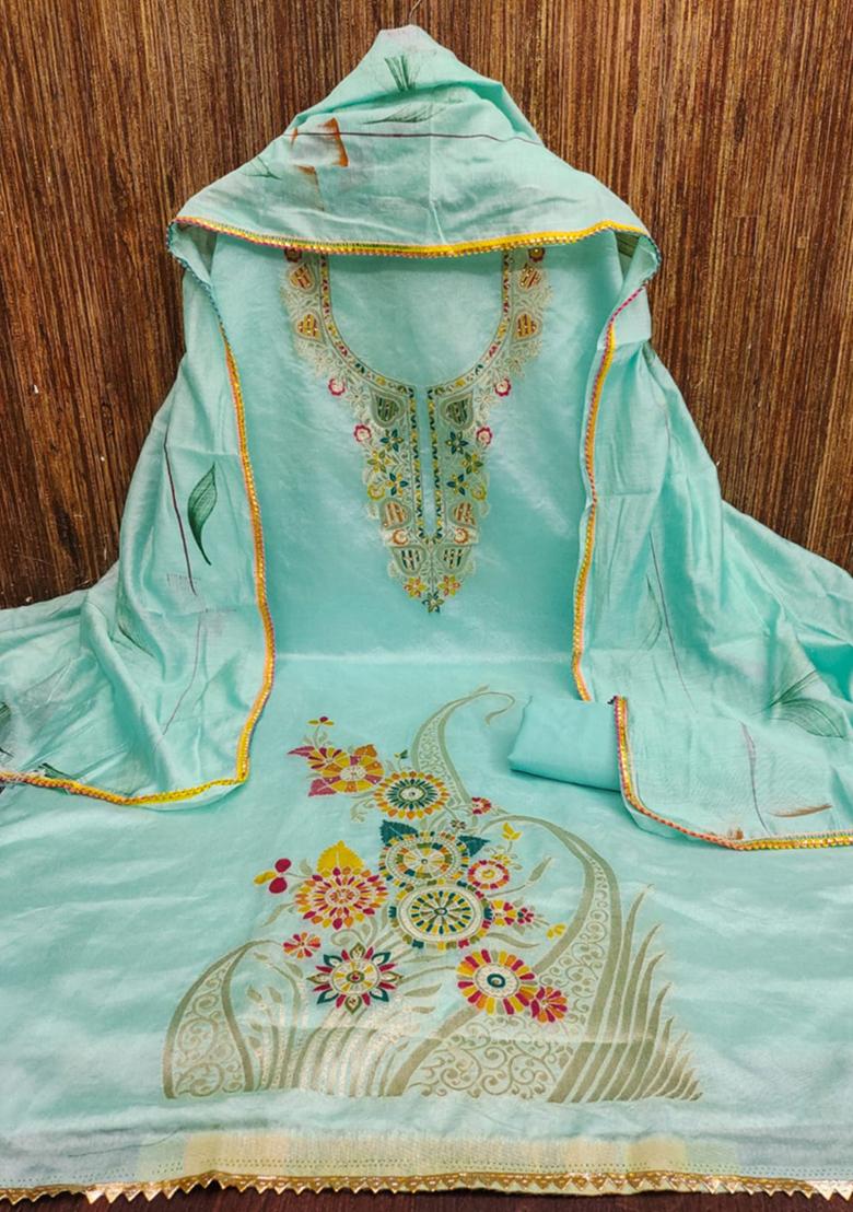 Teal Blue Solid Jacquard Dress Material