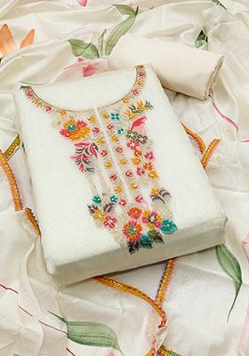 White Solid Jacquard Dress Material