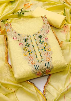 Yellow Solid Jacquard Dress Material