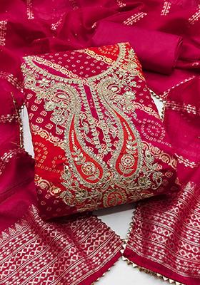 Red Solid Chanderi Dress Material