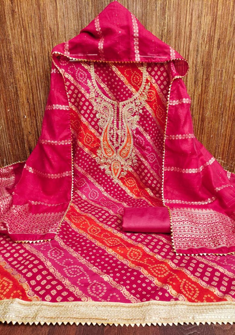 Red Solid Chanderi Dress Material