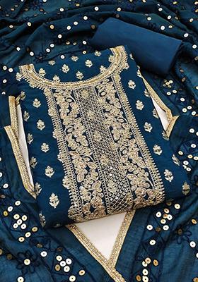 Blue Solid Chanderi Dress Material
