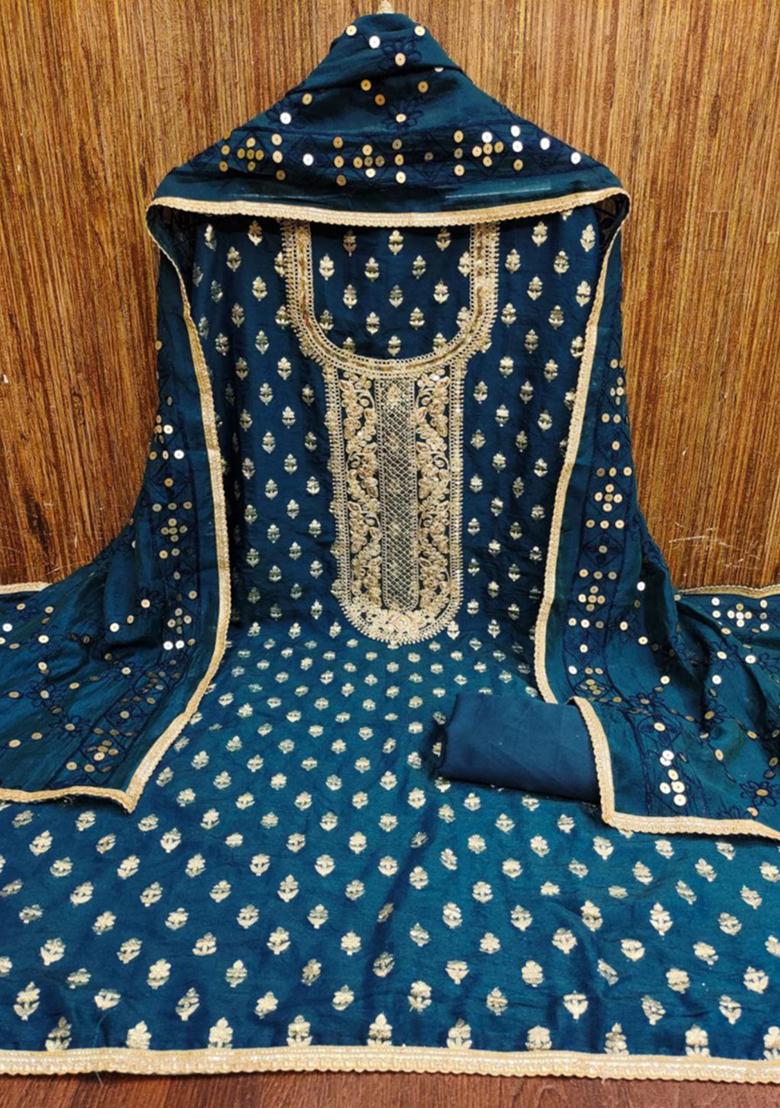 Blue Solid Chanderi Dress Material