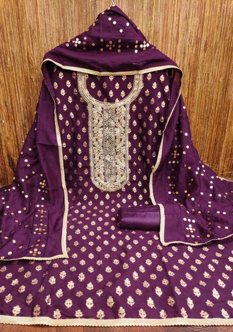 Purple Solid Chanderi Dress Material