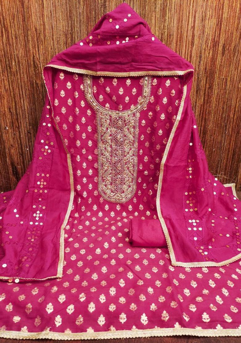 Red Solid Chanderi Dress Material