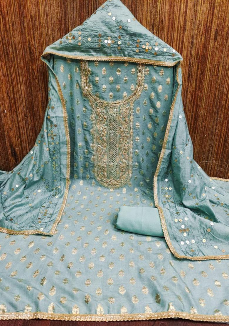 Teal Blue Solid Chanderi Dress Material