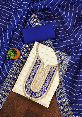 Blue Solid Chanderi Dress Material