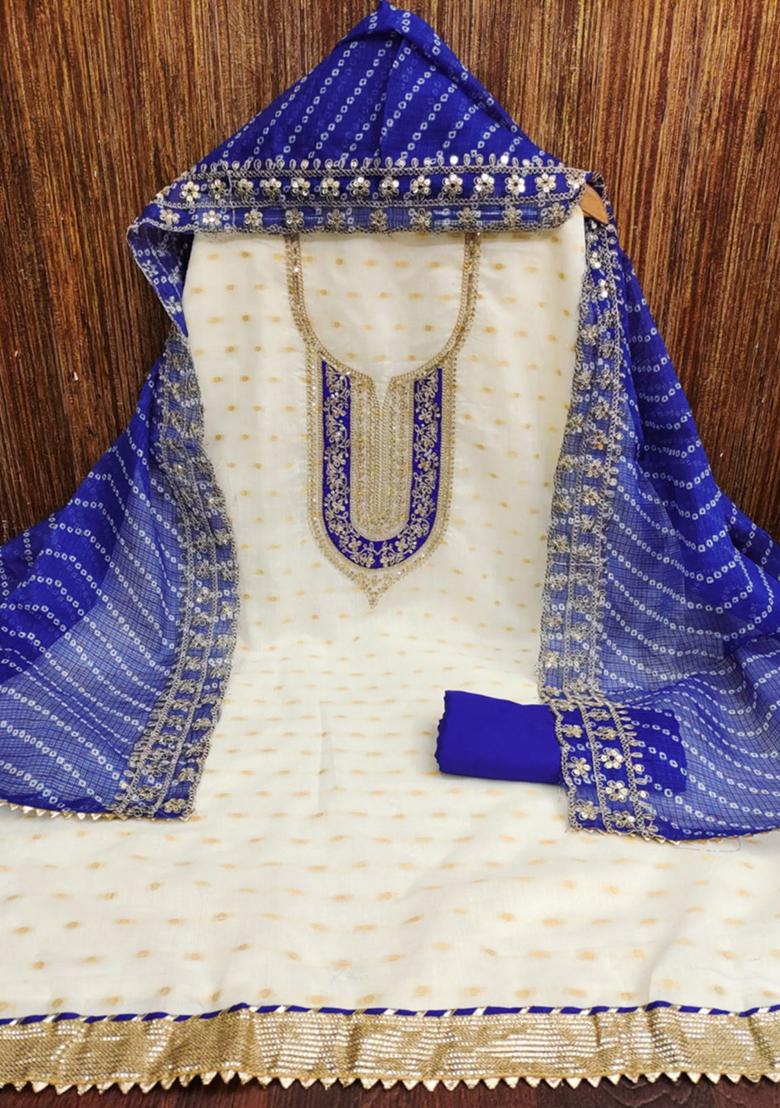 Blue Solid Chanderi Dress Material