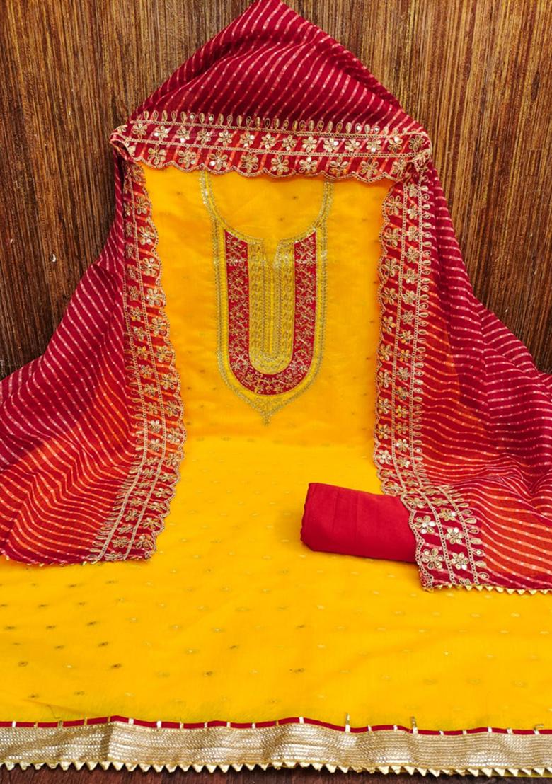 Gold Solid Chanderi Dress Material