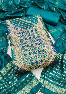 Blue Solid Chanderi Dress Material
