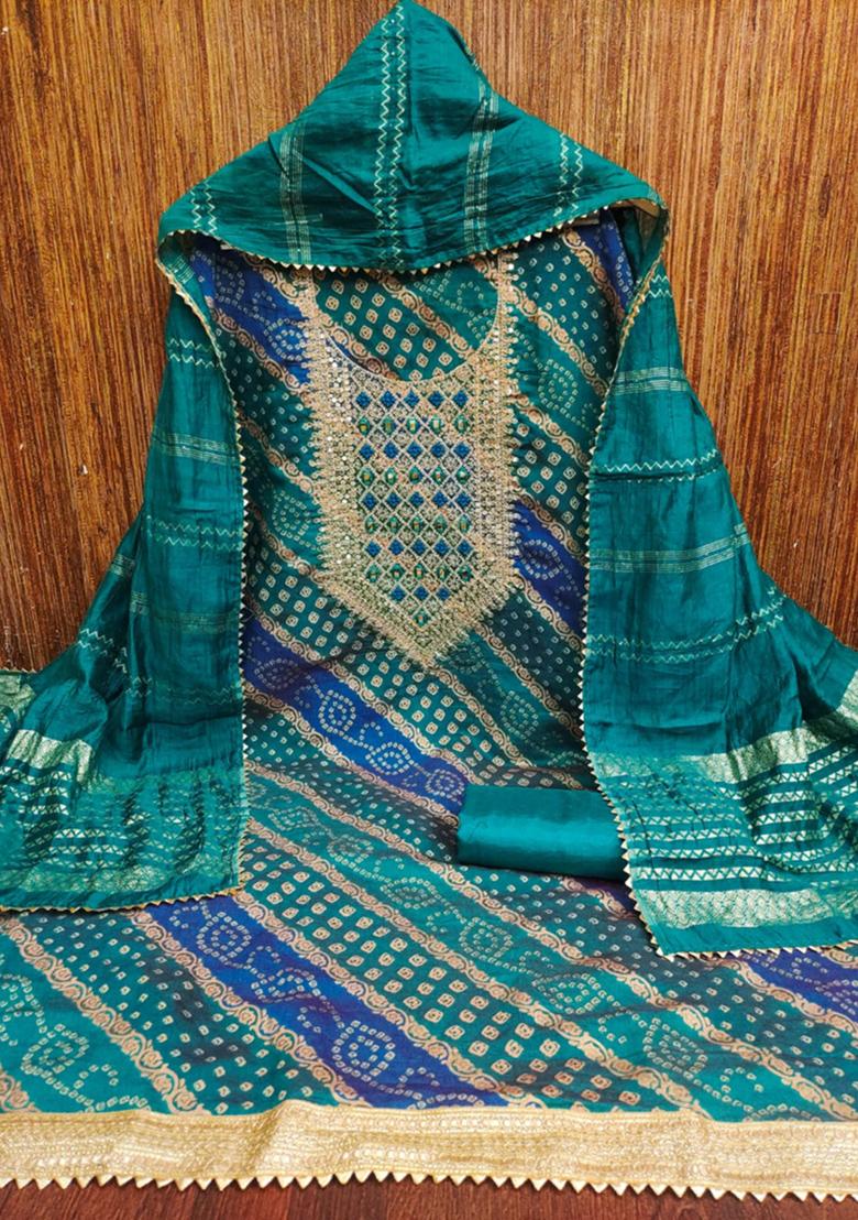 Blue Solid Chanderi Dress Material