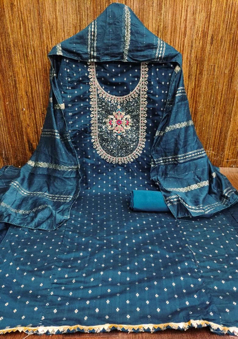 Aqua Blue Solid Chanderi Dress Material