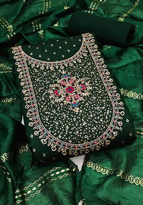 Green Solid Chanderi Dress Material