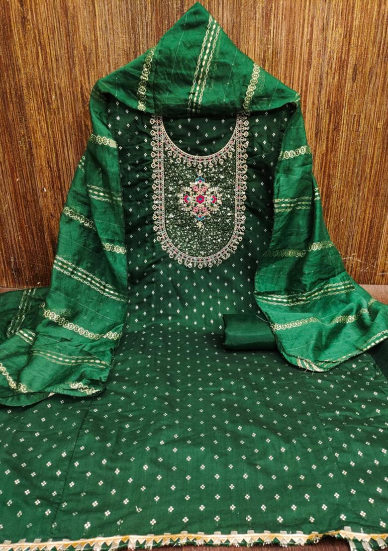 Green Solid Chanderi Dress Material