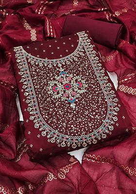 Maroon Solid Chanderi Dress Material