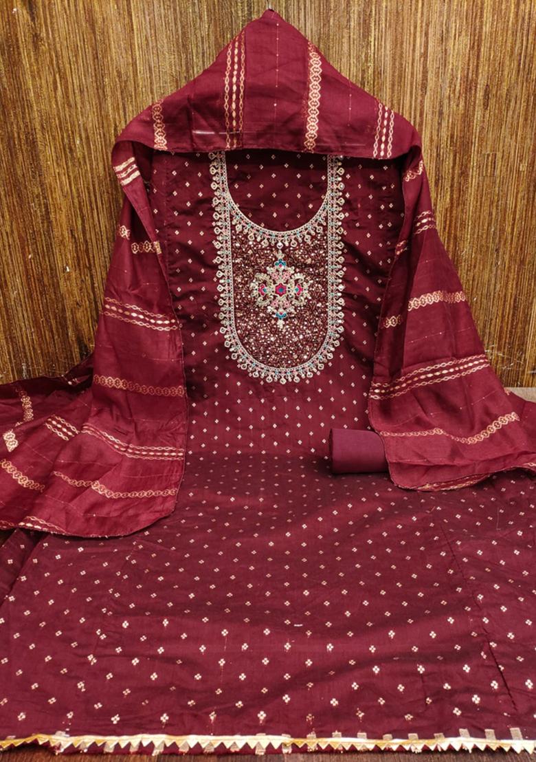 Maroon Solid Chanderi Dress Material