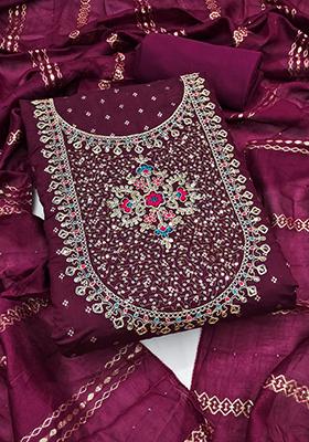 Wine Solid Chanderi Dress Material