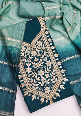 Aqua Blue Solid Silk Dress Material