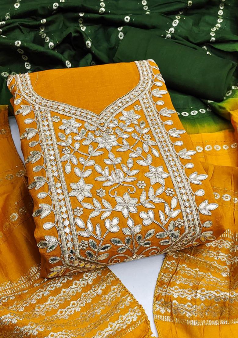 Gold Solid Silk Dress Material